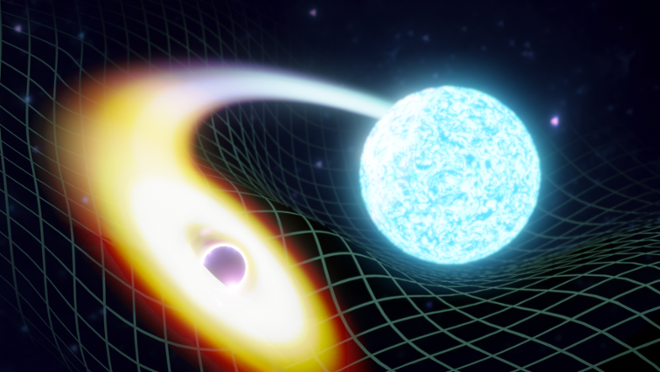 Il·lustració artística de la fusió d'un forat negre i un estel de neutrons. Autoria: LIGO-India/ Soh