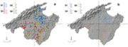 Figura 4: mapa de la direcci de vent predominant en cada requadre, separada en quadrants de vent (esquerra), i mapa de fletxes (dreta) que indica la direcci predominant a cada una de les eres individualitzades.