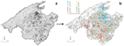 Figura 3: a l'esquerra, mapa on hi ha identificades les eres de Mallorca. A la dreta, resultat analtic de la direcci del vent predominant al lloc on es localitzen les eres finalment analitzades, sobre una retcula de quadres de resoluci 1000  1000 m. 